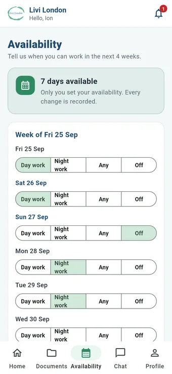 Livi Drive app: weekly availability screen