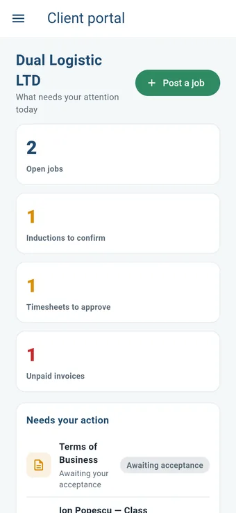 Livi Drive client portal: open jobs, inductions, timesheets to approve and invoices