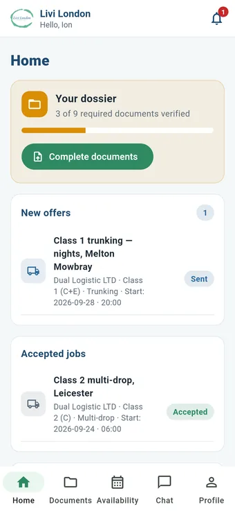 Livi Drive app: driver home screen with dossier progress and offers