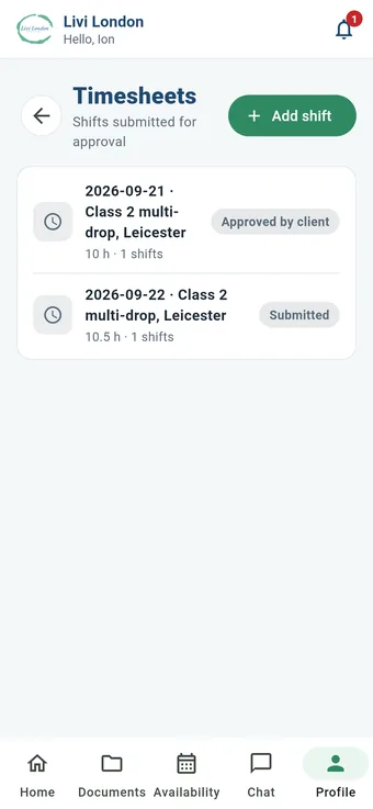 Livi Drive app: digital timesheets approved by the client